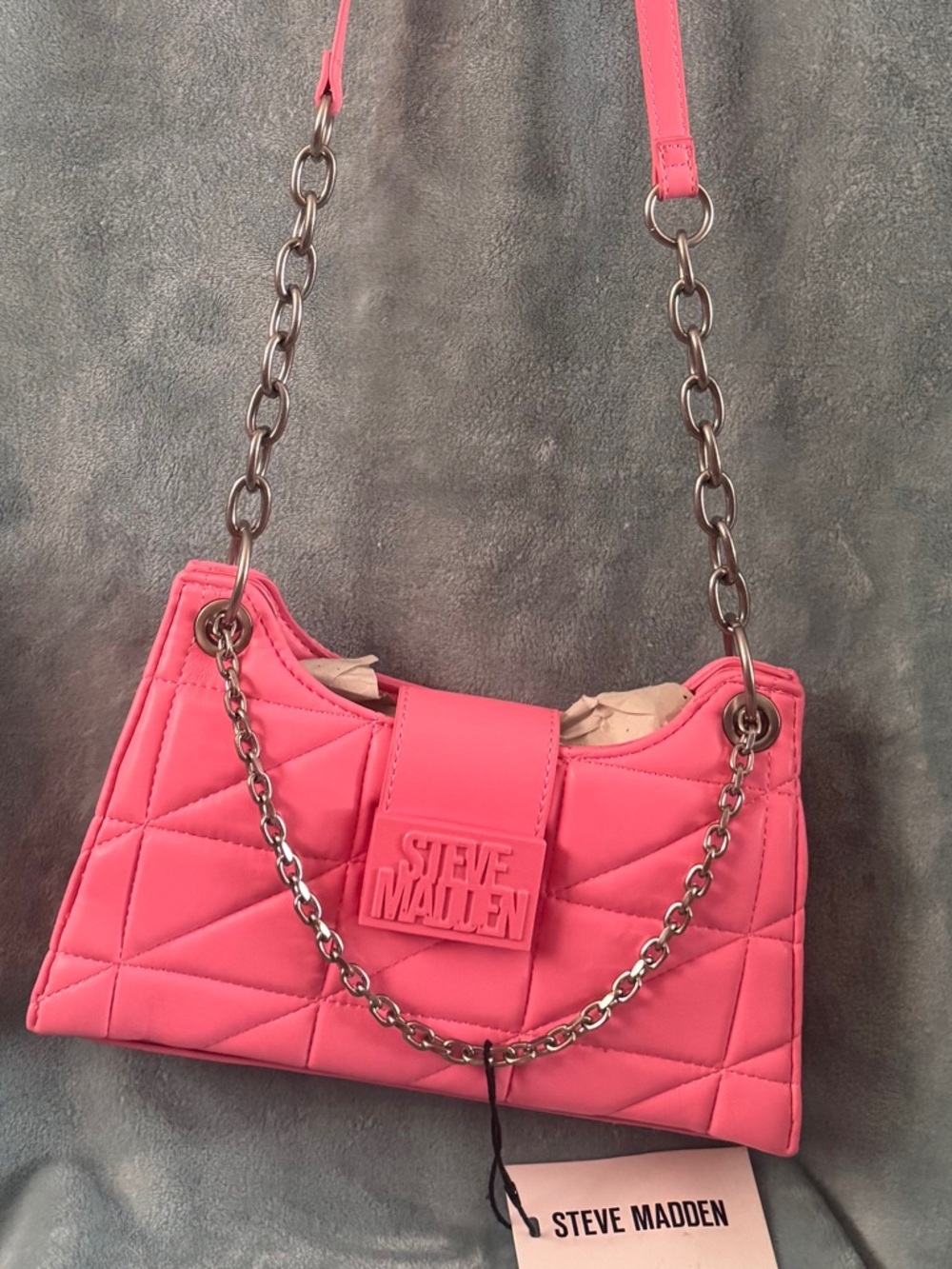 Steve Madden Coral Pink Quilted Shoulder Bag with Chain Strap